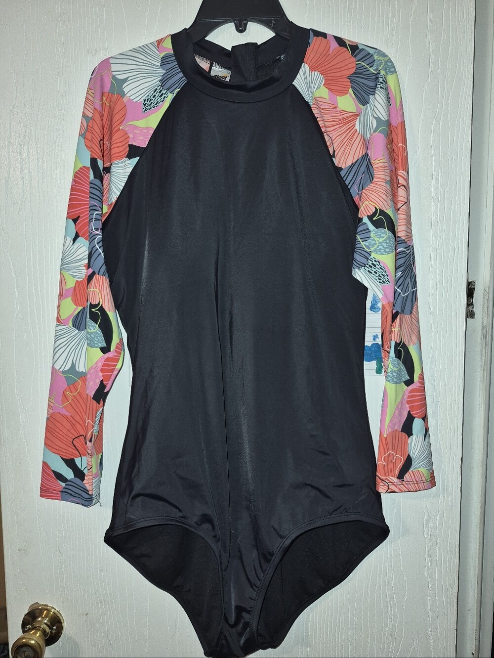 Avia Black Body Swimsuit with Multicolor Floral Long Sleeves